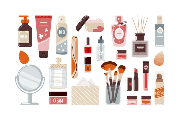 Cosmétiques Maquillage Style Plat Vue Dessus Sur Fond Blanc Parfum — Image vectorielle