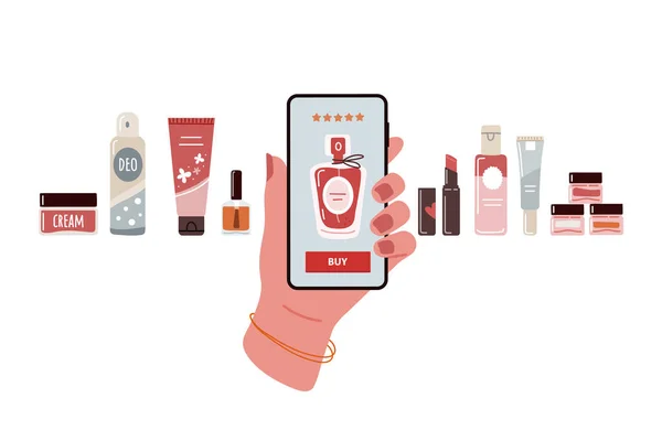 Comprare Profumo Tramite App Mobile Mano Femminile Tiene Telefono Cellulare — Vettoriale Stock