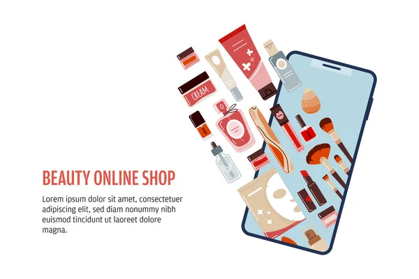 Koncepcja Zakupu Makijażu Kosmetycznego Pielęgnacji Skóry Online Aplikacją Mobilną Wektorowa — Wektor stockowy