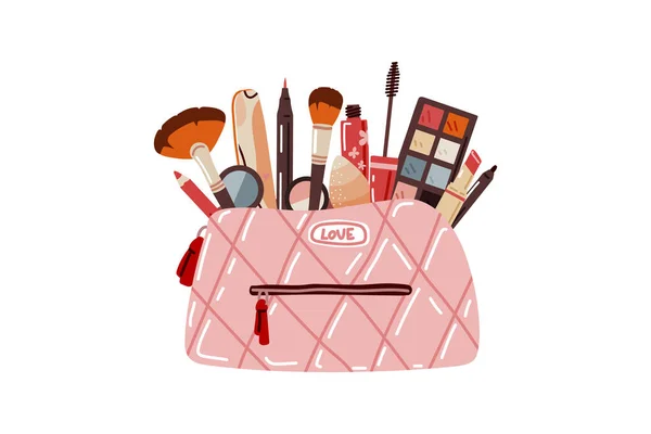 Sacchetto Cosmetico Rosa Pastello Sacchetto Con Varietà Prodotti Bellezza Sfondo — Vettoriale Stock