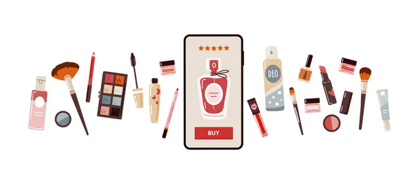 Concept Achat Maquillage Cosmétique Soins Peau Ligne Avec Téléphone Mobile — Image vectorielle