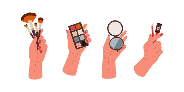 Mains Féminines Tenant Ensemble Pinceaux Maquillage Rouge Lèvres Avec Crayon — Image vectorielle