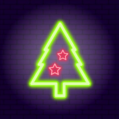 Noel ağacı. Koyu tuğla duvar arka planında neon illüstrasyon.