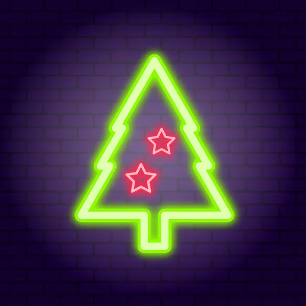 Albero di Natale. Illustrazione al neon su sfondo muro di mattoni scuri. — Vettoriale Stock