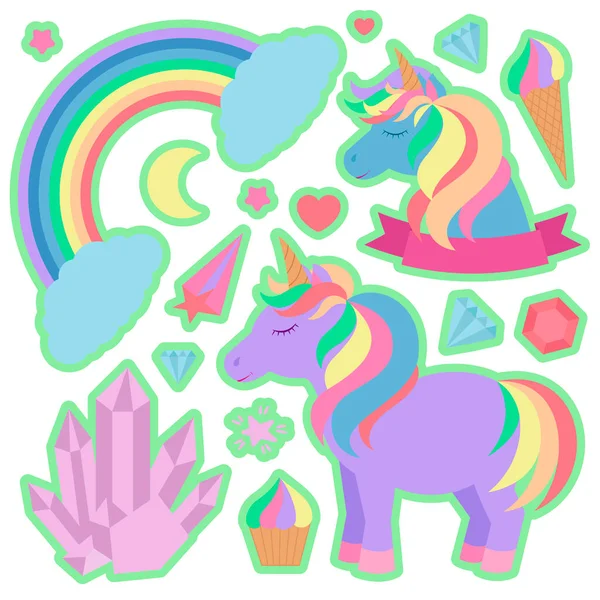 Unicorn lucu dan elemen lainnya. Set gambar diisolasi pada latar belakang putih untuk stiker dan jauh lebih — Stok Foto