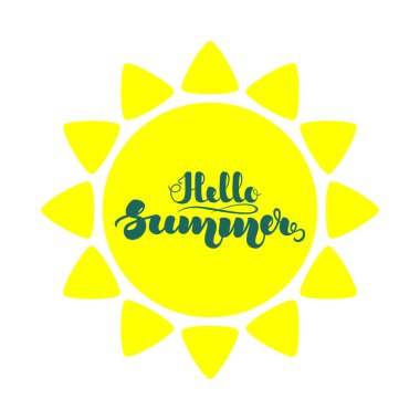 Sun flat icon and handwritten lettering Hello Summer. illustration isolated on white background. .