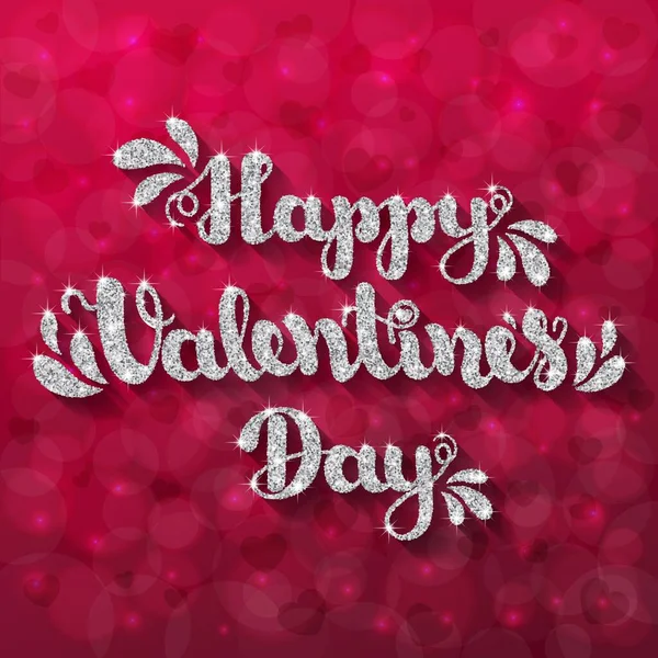Silver Glitter Lettering Happy Valentines Day Burgundy Blurred Bokeh Background — Stock Fotó