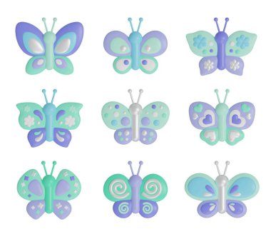 Beyaz arkaplanda izole edilmiş üç boyutlu kelebek simgelerini ayarla. Gümüş desen ve mor, mavi, yeşil renkler.