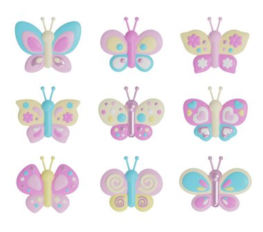 Beyaz arkaplanda izole edilmiş üç boyutlu kelebek simgelerini ayarla. Pembe altın desen ve mavi, pembe, sarı renkler.