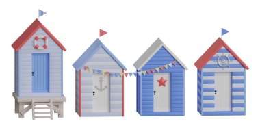 İzole edilmiş plaj evlerini beyaz arka plana al. Deniz kulübeleri mavi, bayraklı kırmızı renkler, can simidi, çelenkler, denizyıldızı, direksiyon simidi ve çapa. 3d resimleme.