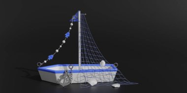 Siyah arka planda beyaz mavi bir gemi. Deniz kabukları, balık çelengi, balıkçı ağlı tekne, metal çapa ve zincir. Çizgi film deniz 3D çizimi.
