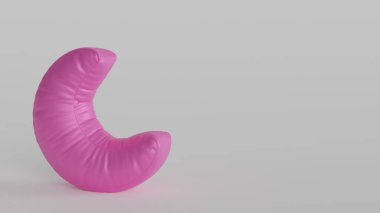 Beyaz arka planda şişme, yumuşak, parlak, pembe hilal şeklinde bir oyuncak. Mesaj için yer. 3D tasvir. Uyku zamanı..
