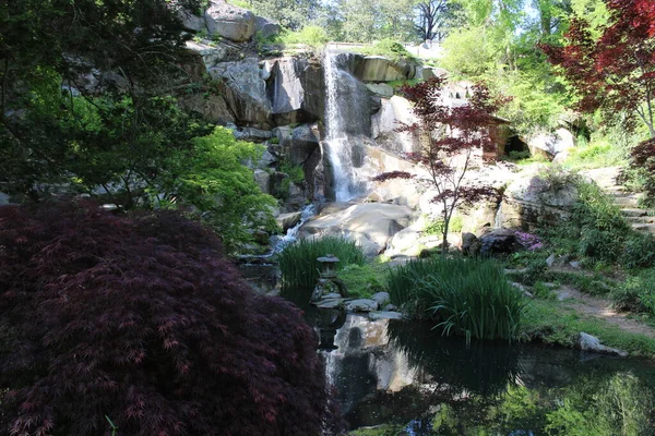 Natursköna Maymont Waterfall Sunny Day Red Trees Bridge — Stockfoto