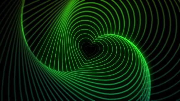 Neon Green Heart Wave Tunel Romantické Abstraktní Pohyblivé Pozadí Tapety — Stock video