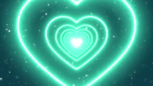 Luzes Néon Azul Hortelã Amor Coração Túnel Abstrato Brilho Partículas — Vídeo de Stock