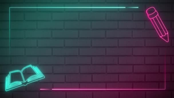 Blue Pink Back School Neon Book Pencil Lines Brick Wall — Vídeo de Stock