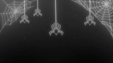 Hareket eden örümcek ağları. Örümcekler tavandan iner. Tavanda sürünen örümcekler. Parlayan örümcekler ve örümcek ağlarıyla mutlu Cadılar Bayramı. Korkunç bir korku geçmişi var. Korku ve şeker ziyafeti