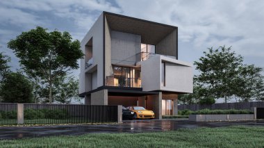 Modern evin doğal manzaralı 3D çizimi