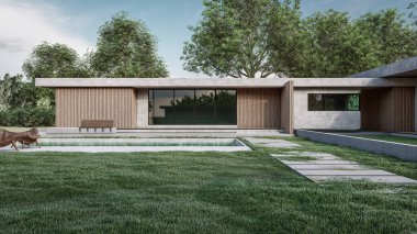 Modern evin doğal manzaralı 3D çizimi