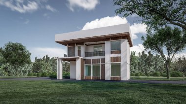 Modern evin doğal manzaralı 3D çizimi
