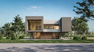 Modern evin doğal manzaralı 3D çizimi