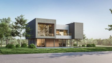 Modern evin doğal manzaralı 3D çizimi