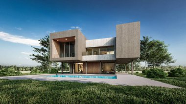 Modern evin doğal manzaralı 3D çizimi