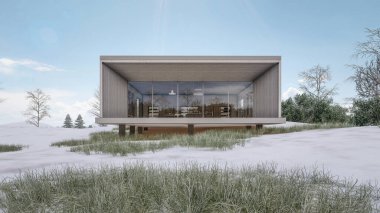 Modern evin doğal manzaralı 3D çizimi