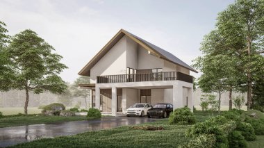 Modern evin doğal manzaralı 3D çizimi