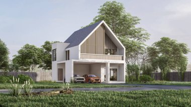 Modern evin doğal manzaralı 3D çizimi