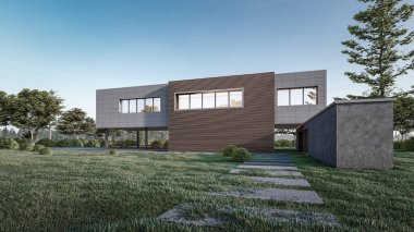 Modern evin doğal manzaralı 3D çizimi