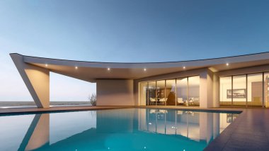 Modern evin yüzme havuzlu 3D çizimi