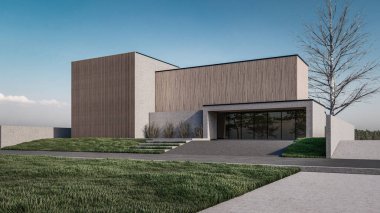 Modern evin doğal manzaralı 3D çizimi