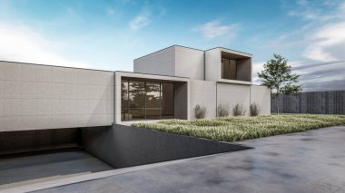 Modern evin doğal manzaralı 3D çizimi