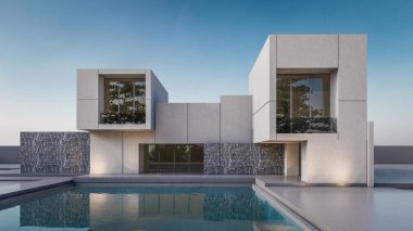 Modern evin yüzme havuzlu 3D çizimi