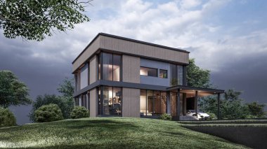 Modern evin doğal manzaralı 3D çizimi