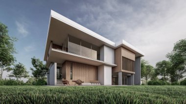 Modern evin doğal manzaralı 3D çizimi