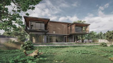 Modern evin doğal manzaralı 3D çizimi