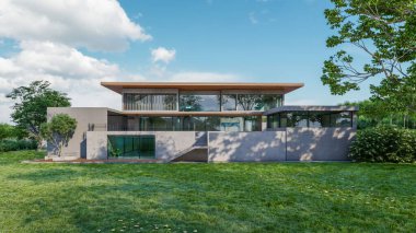 Modern evin doğal manzaralı 3D çizimi