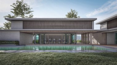 Modern evin yüzme havuzlu 3D çizimi