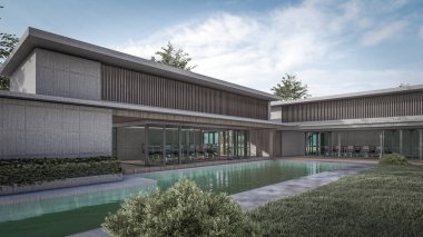Modern evin yüzme havuzlu 3D çizimi