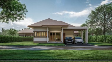 Modern evin doğal manzaralı 3D çizimi