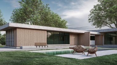 Modern evin doğal manzaralı 3D çizimi