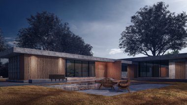 Modern evin yüzme havuzlu 3D çizimi