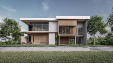 Modern evin doğal manzaralı 3D çizimi