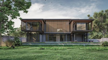 Modern evin doğal manzaralı 3D çizimi