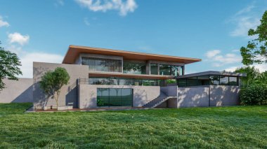 Modern evin doğal manzaralı 3D çizimi