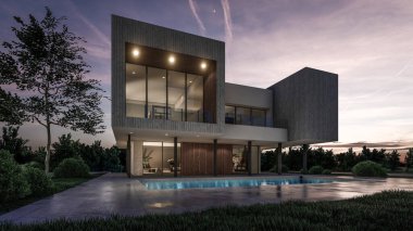 Modern evin yüzme havuzlu 3D çizimi