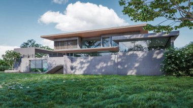 Modern evin doğal manzaralı 3D çizimi