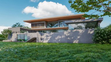 Modern evin doğal manzaralı 3D çizimi